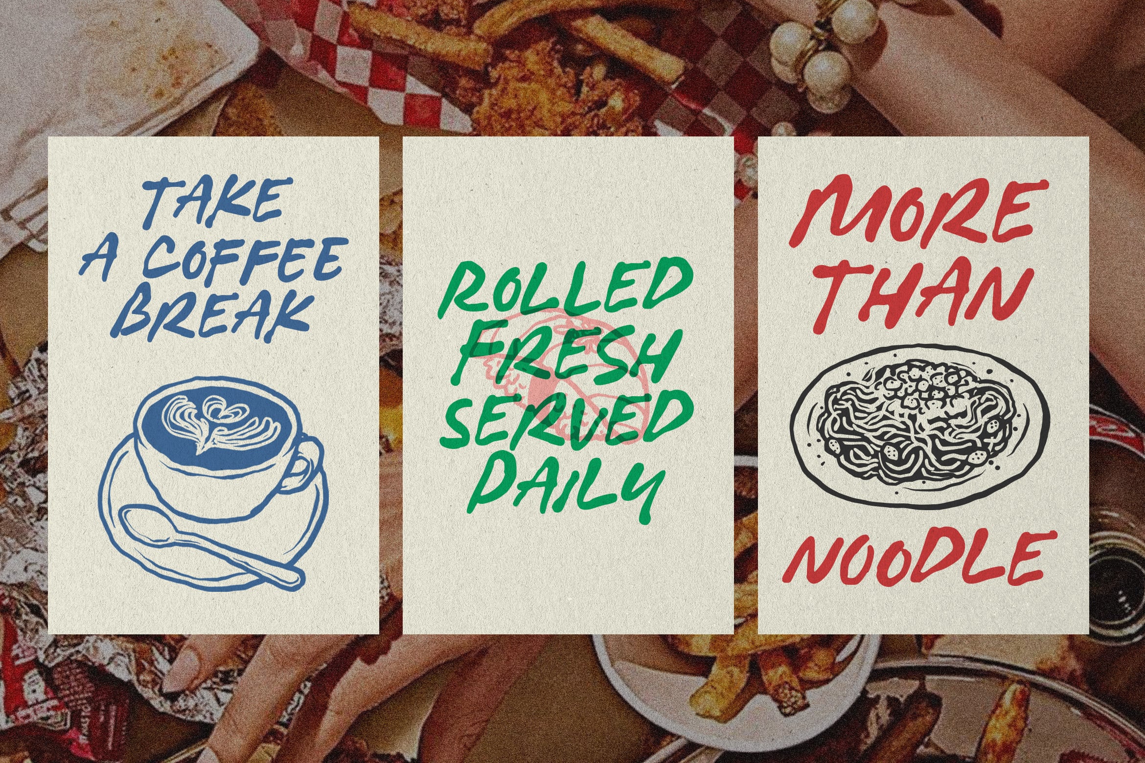 Three hand-lettered cards with food doodles sitting on a picnic spread backdrop