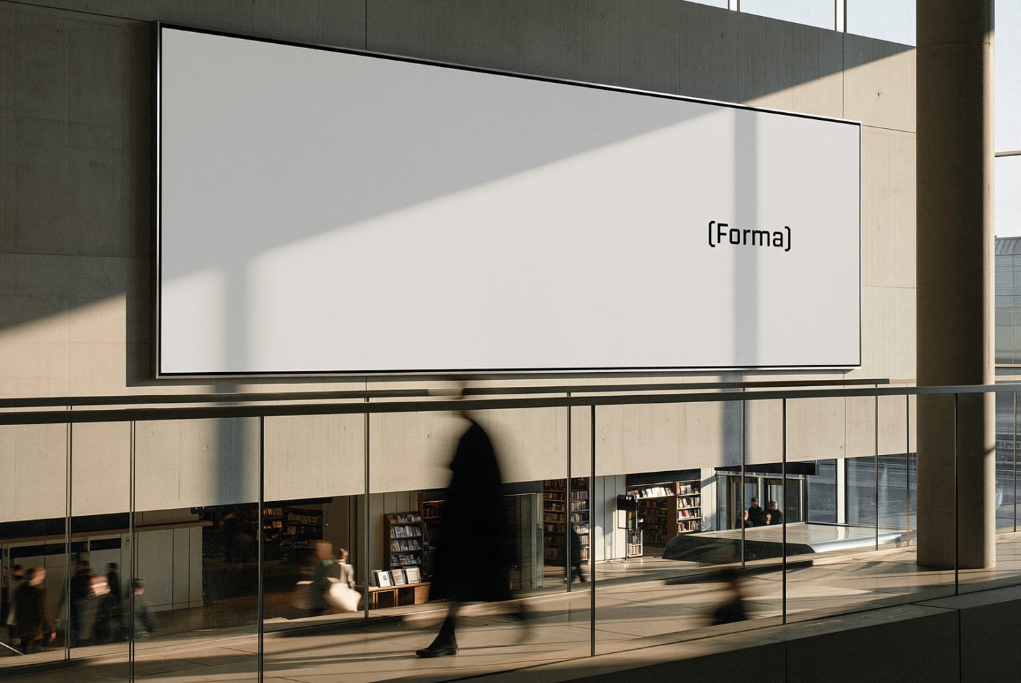 Minimal storefront mockup with horizontal billboard sign over glass storefront with people moving through space