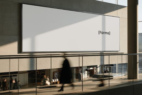 Minimal storefront mockup with horizontal billboard sign over glass storefront with people moving through space