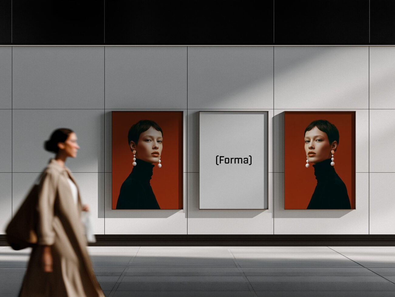Gallery wall mockup with framed portraits on minimal grid backdrop, woman walking by