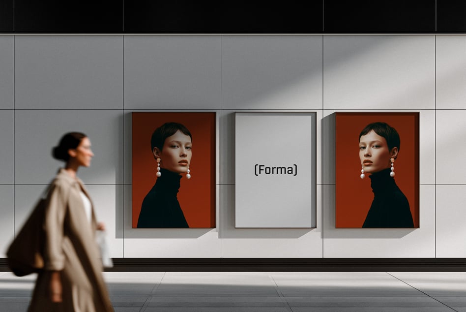 Gallery wall mockup with framed portrait on burnt orange, blank frame, woman walking by in modern storefront setting
