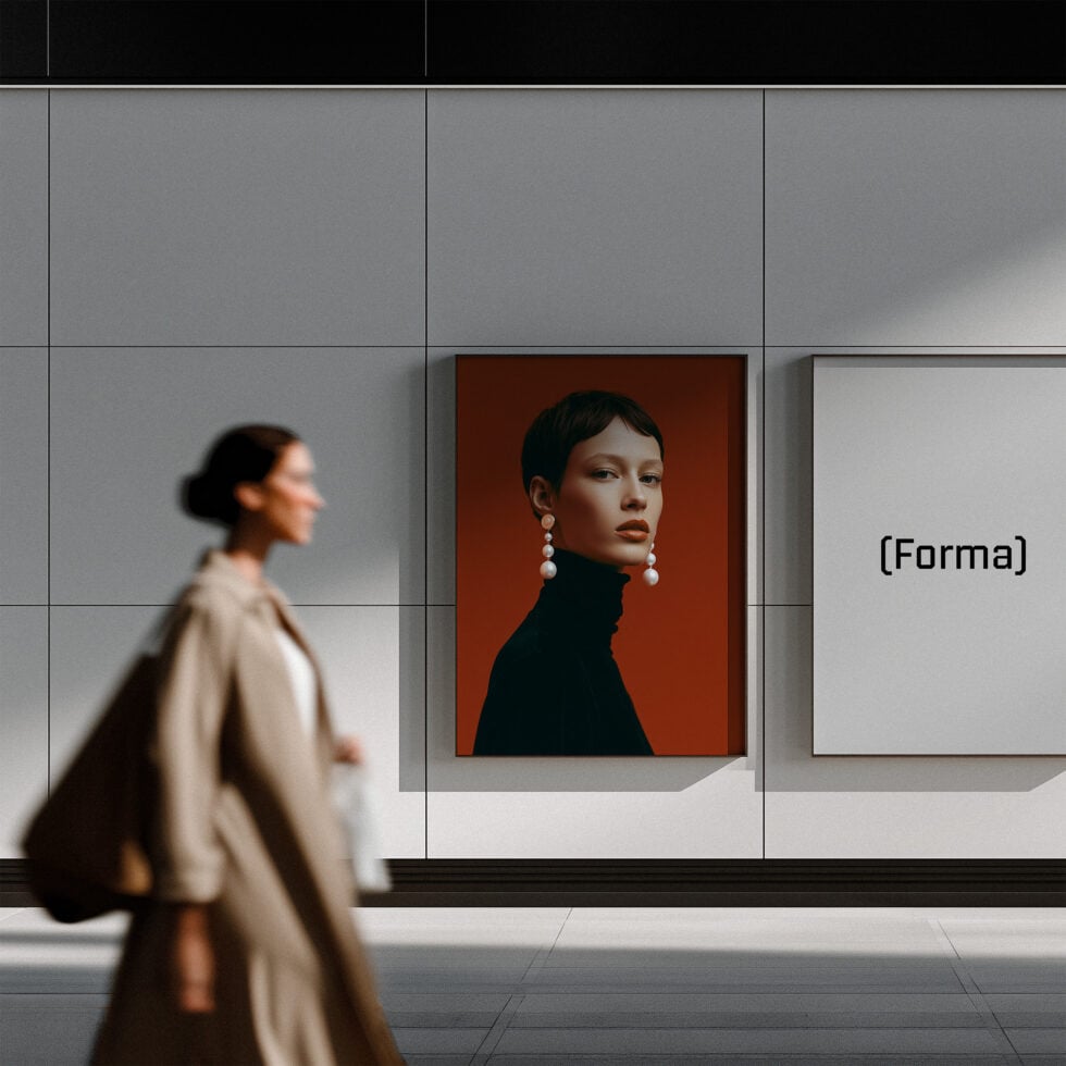 Woman walking past gallery wall with portrait artwork mockup on display