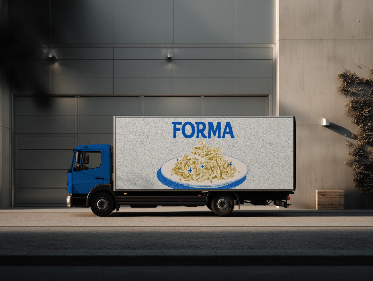Food delivery truck mockup with blue branding, pasta dish design on side panel