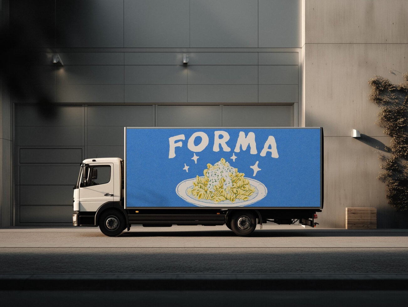 Food truck mockup with blue box side panel showing pasta brand design against modern building