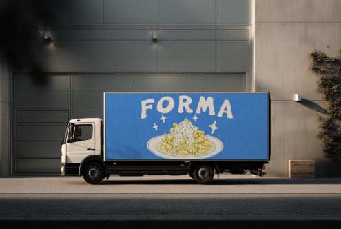 Delivery truck with blue side panel showing 'FORMA' text, pasta illustration, gold stars on minimalist street