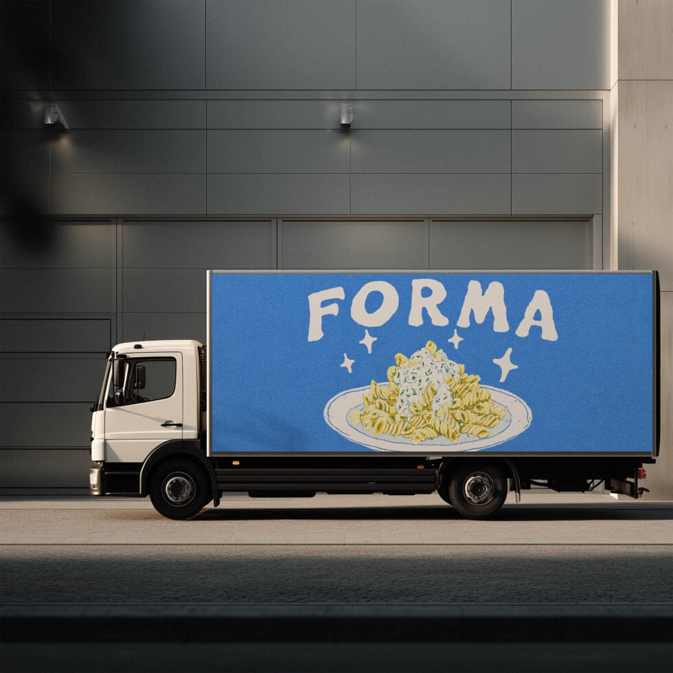 Delivery truck mockup with bright blue side panel featuring pasta illustration for branding