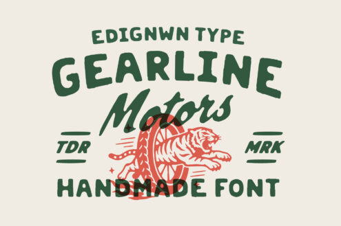 Edignwn Type Gearline Motors handmade font with red tiger illustration on cream background