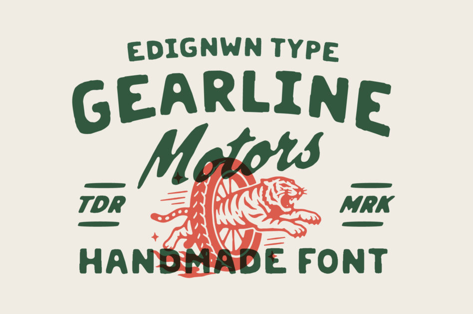 Edignwn Type Gearline Motors handmade font with red tiger illustration on cream background