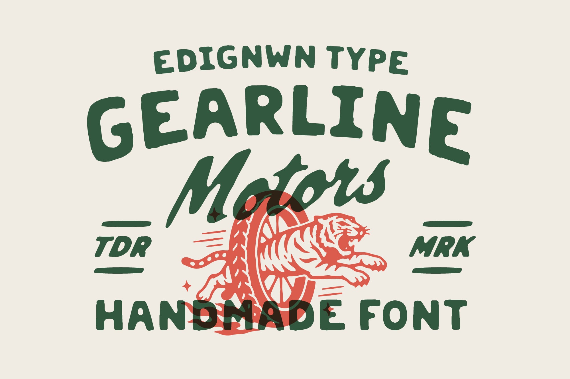 Edignwn Type Gearline Motors handmade font with red tiger illustration on cream background