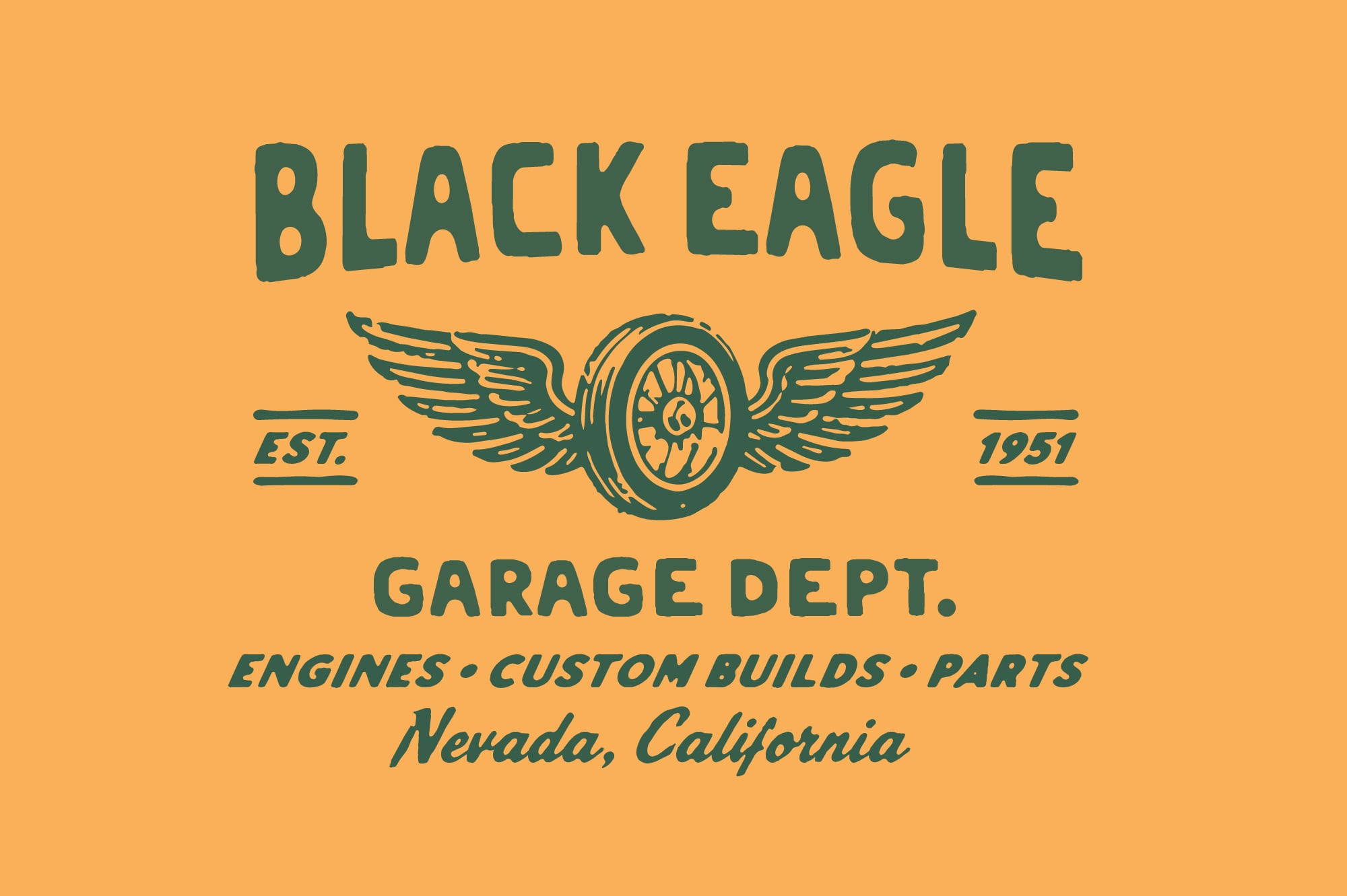 Vintage garage logo with winged wheel, teal text on golden yellow background