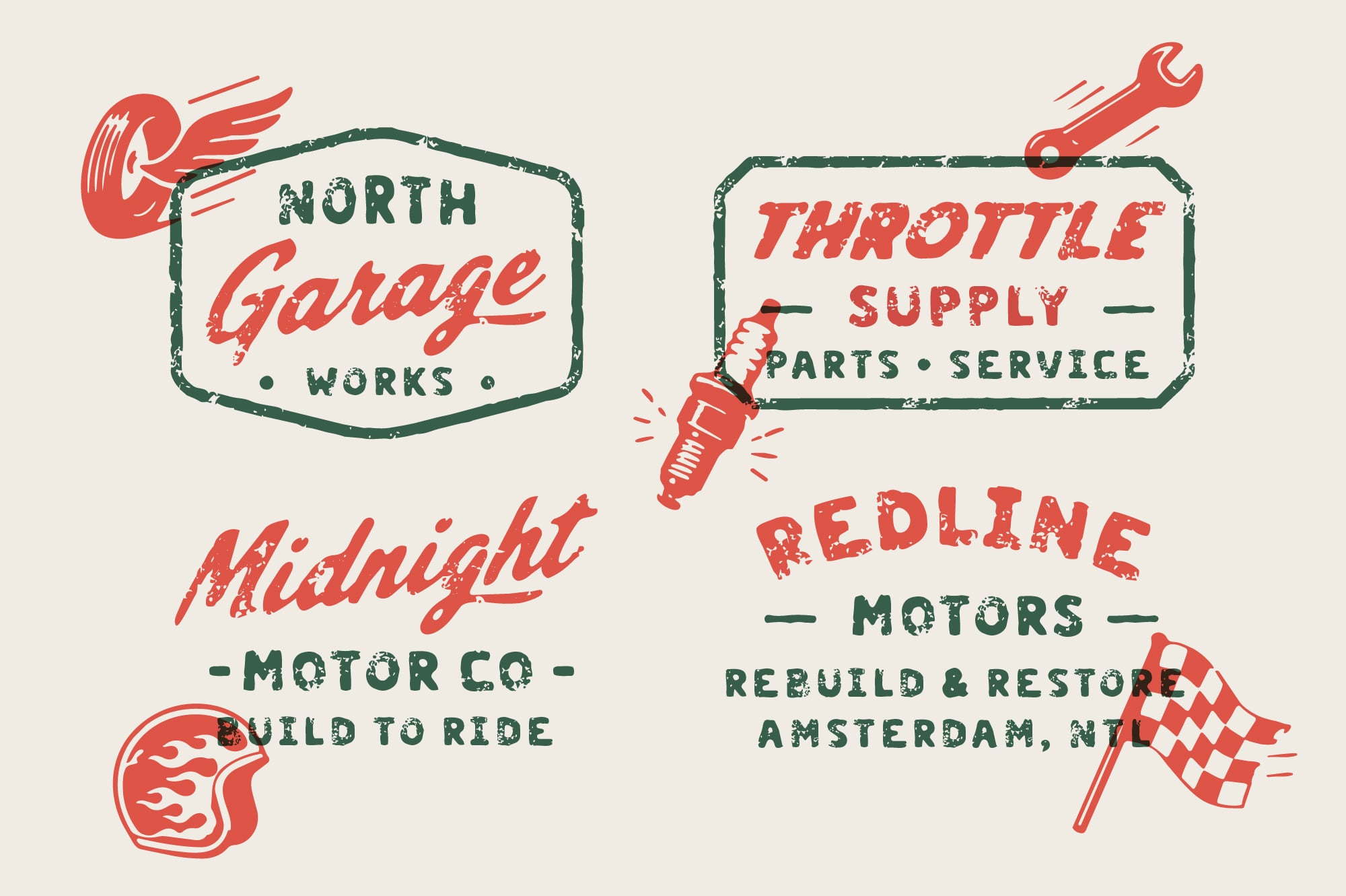 Vintage garage logos with red, green, cream colors, wrench, spark plug, checkered flag graphics