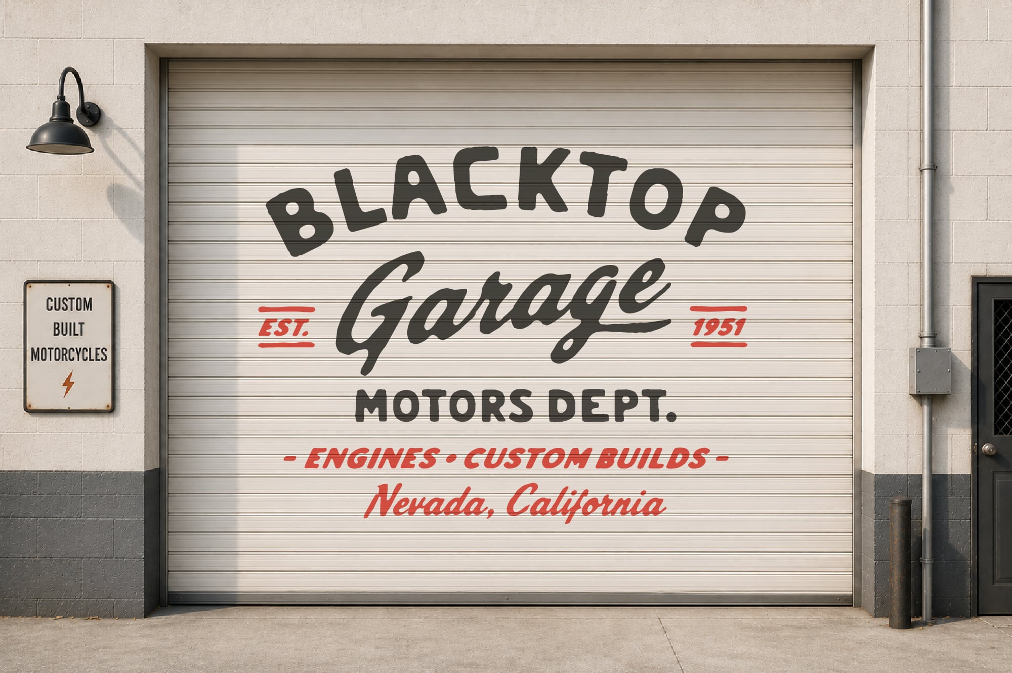 Vintage garage door mockup with retro Blacktop Motors branding in black plus red text