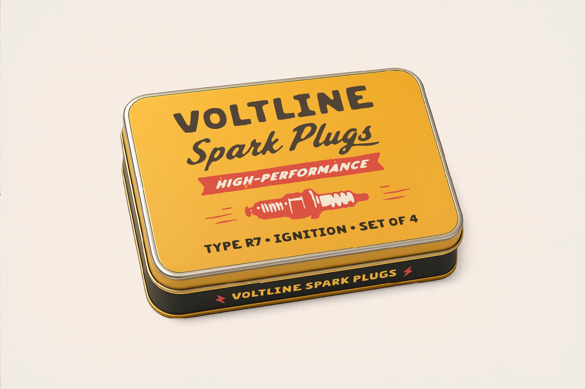Vintage-style metal tin box labeled Voltline Spark Plugs with retro illustration of spark plug