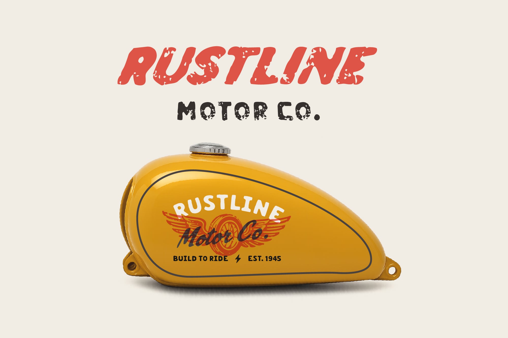 Vintage yellow motorcycle gas tank with distressed red Rustline Motor Co. branding, wings logo, build to ride text