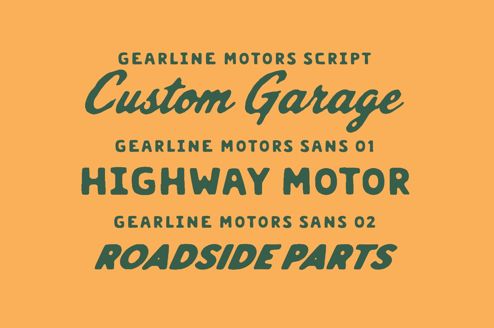 Gearline Motors font family displayed in script, sans serif, italic styles on golden background