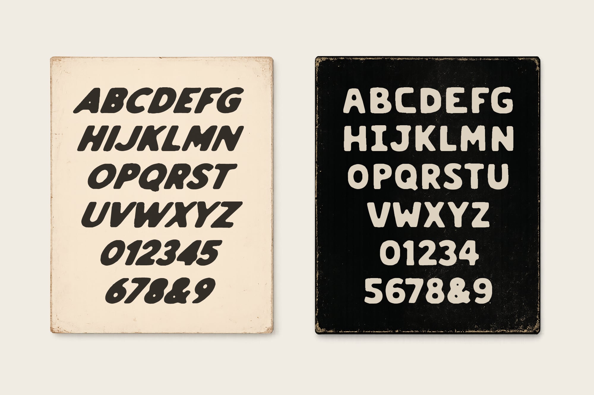 Vintage italic font specimen showing full alphabet plus numbers on cream, black distressed metal signs
