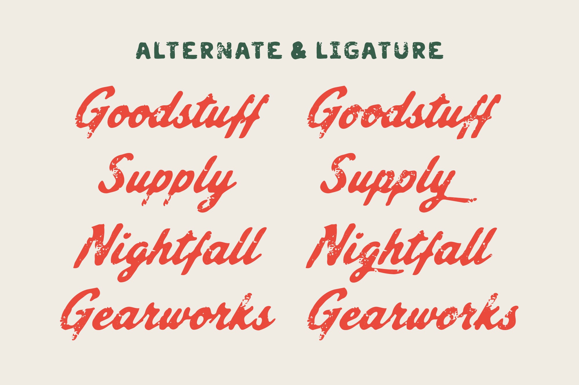 Red distressed script font showing alternate characters, ligatures, swashes with sample words displayed twice