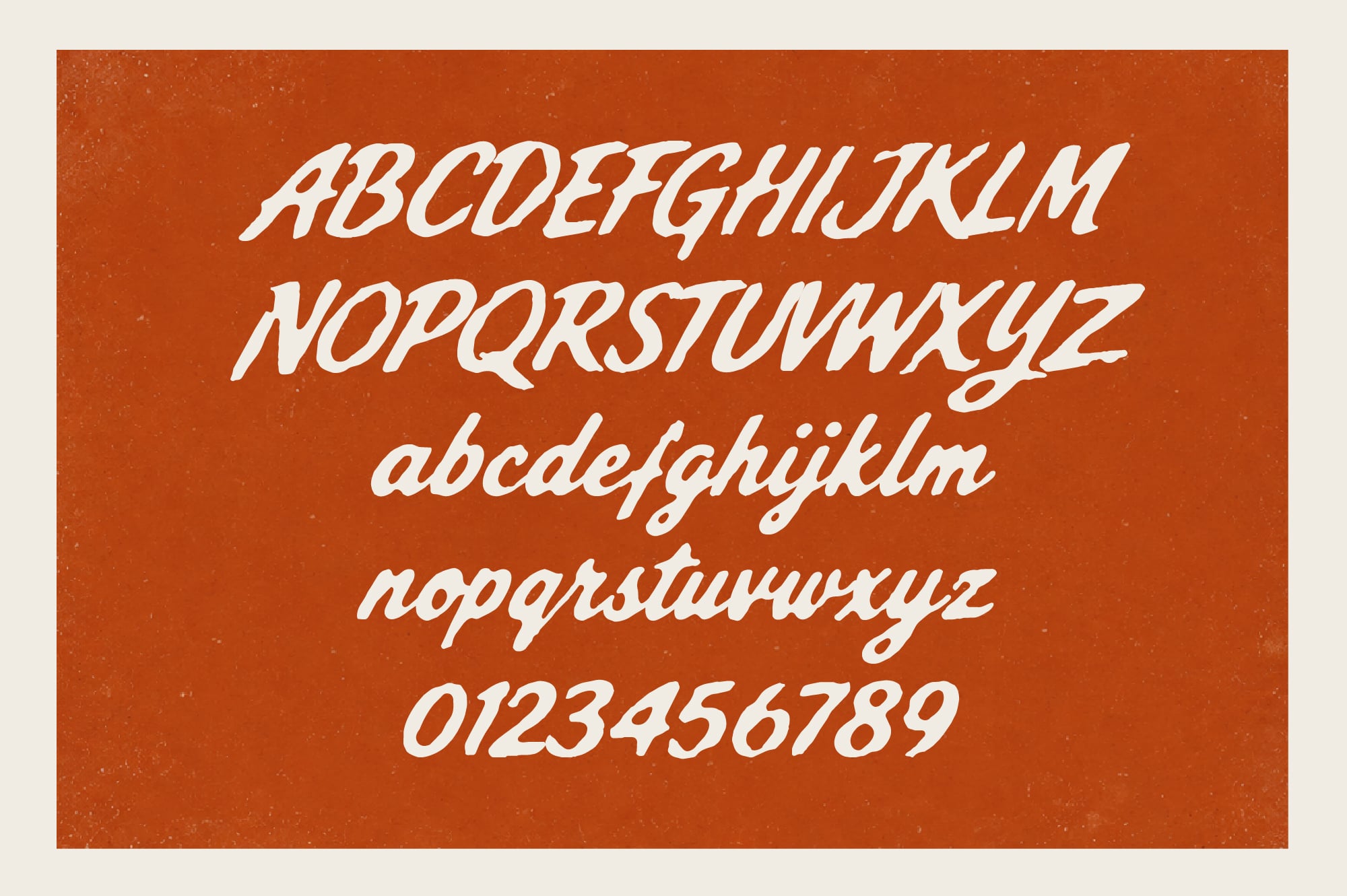 Retro italic script font with full character set on burnt orange textured background
