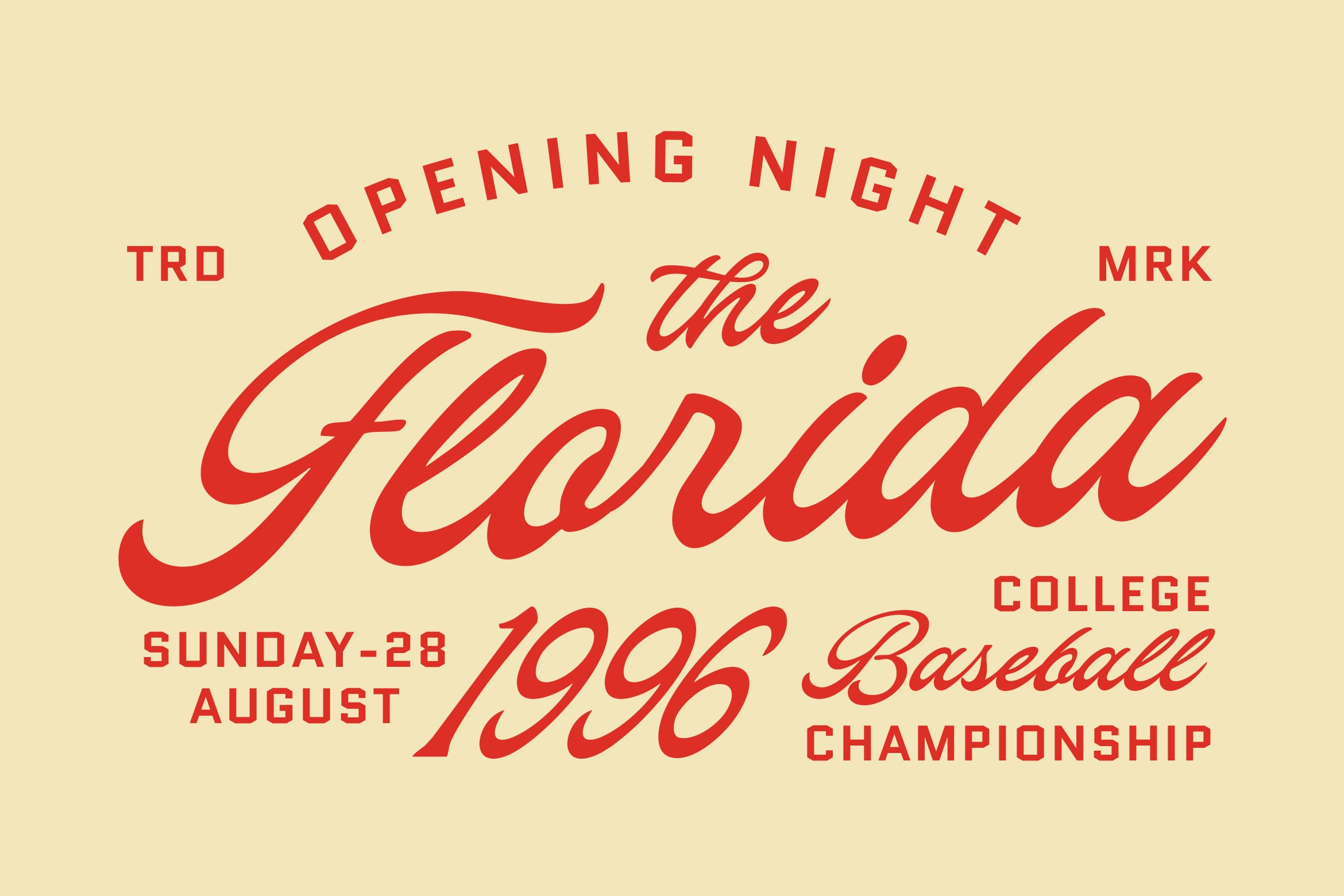 Retro baseball poster design with red script type on cream background, 1996 championship event details