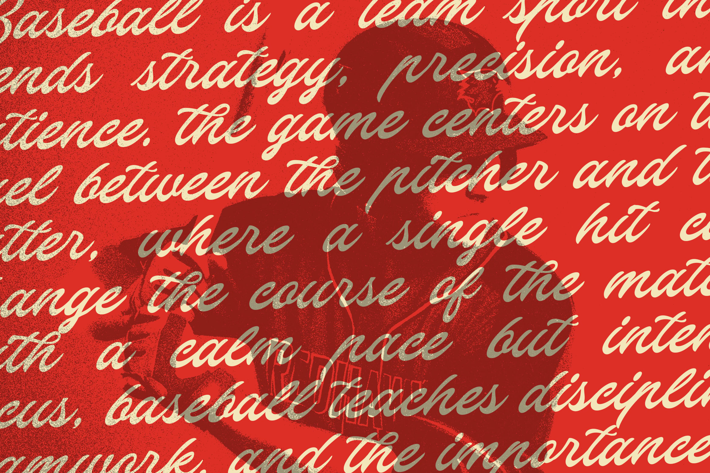 Cream script text overlaid on bright red background with dark red baseball silhouettes scattered throughout