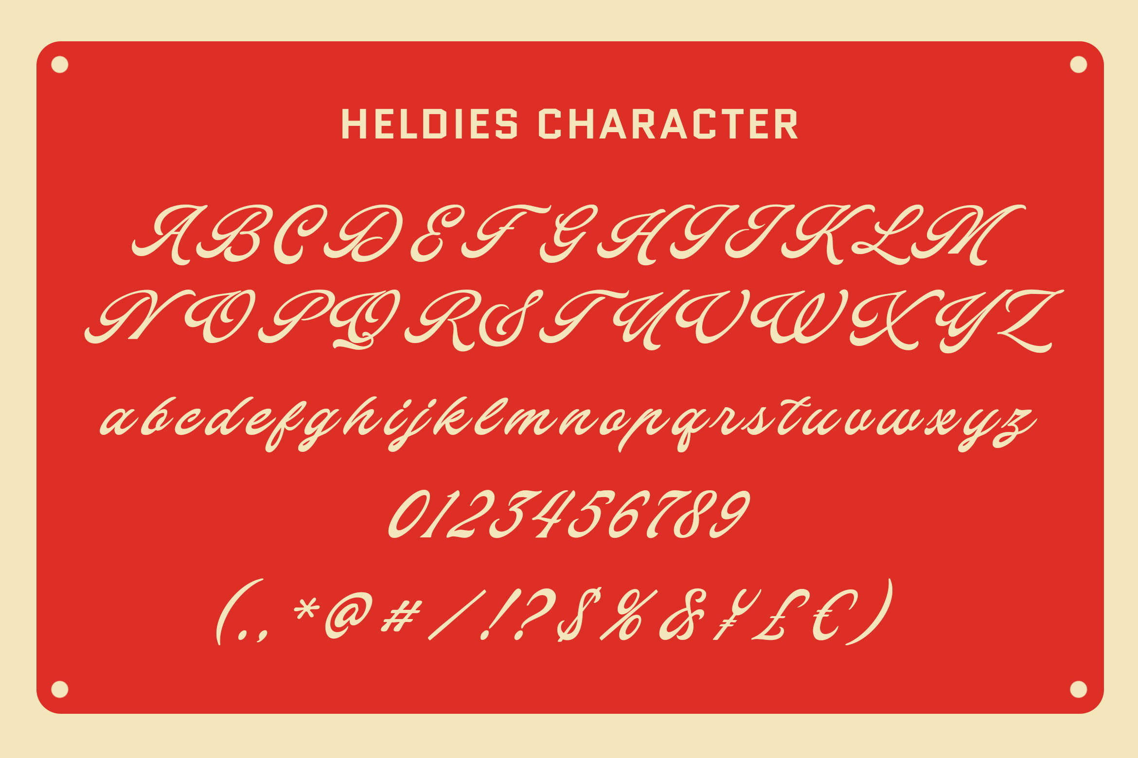 Heldies Character font specimen showing italic uppercase, lowercase, numbers, symbols on red background