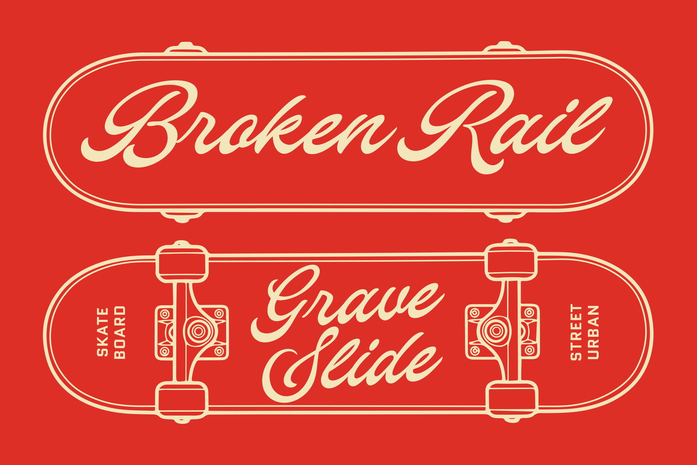 Retro skateboard graphic with cream lettering on red, "Broken Rail" plus "Grave Slide"