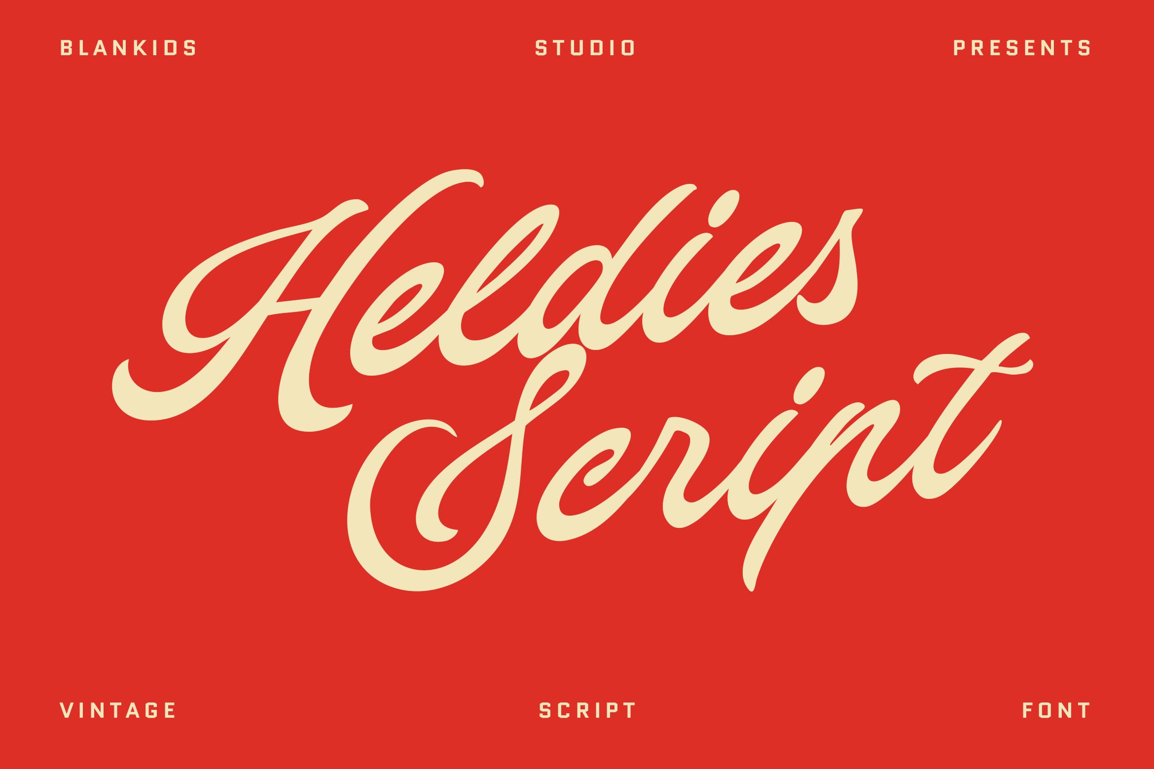 Hedgies serif script font in cream on bright red background with studio branding