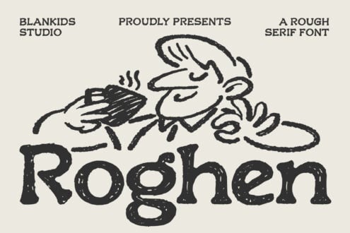 Roghen rough serif font with sketchy character illustration on cream background