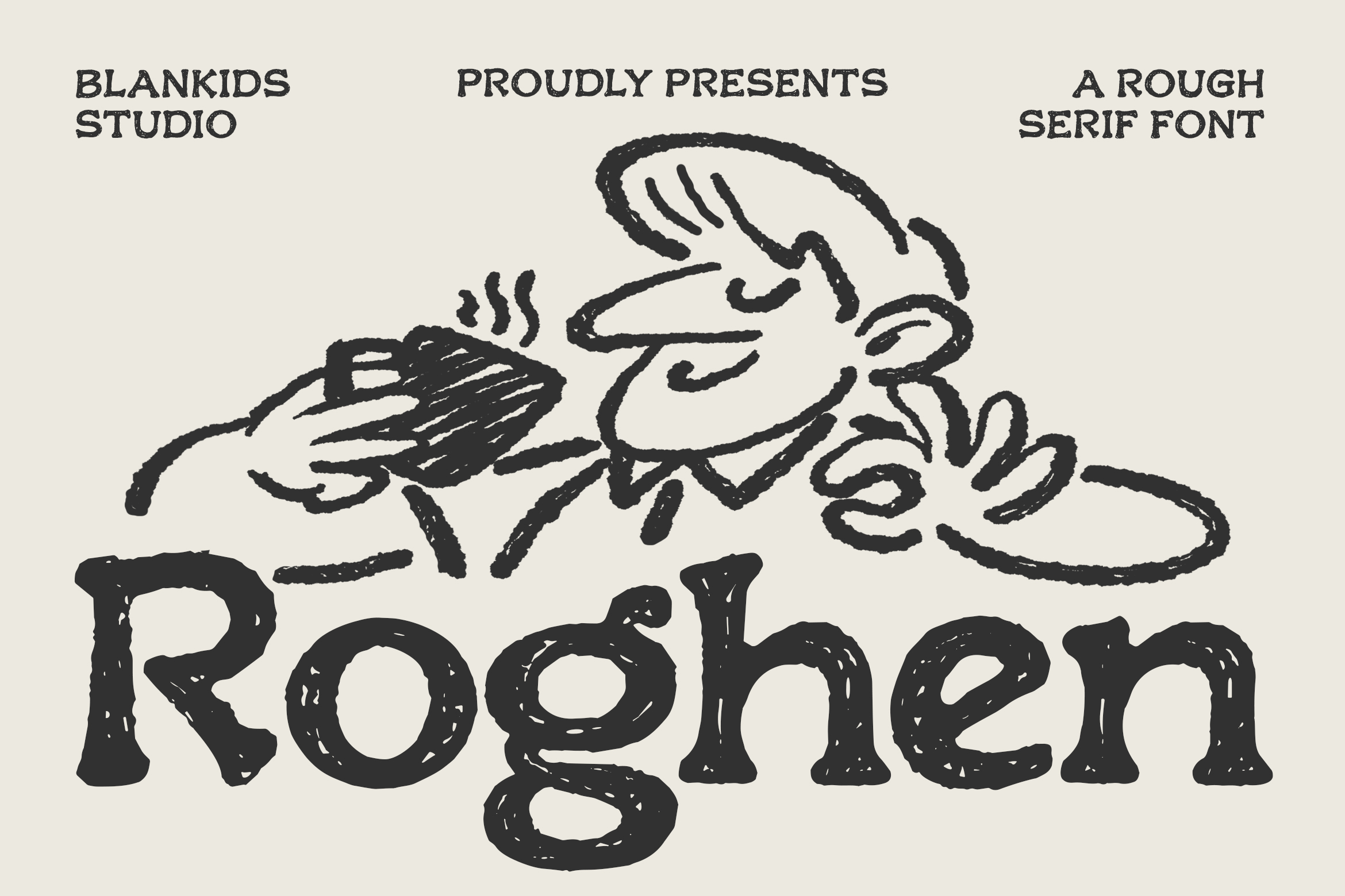 Roghen rough serif font with sketchy character illustration on cream background
