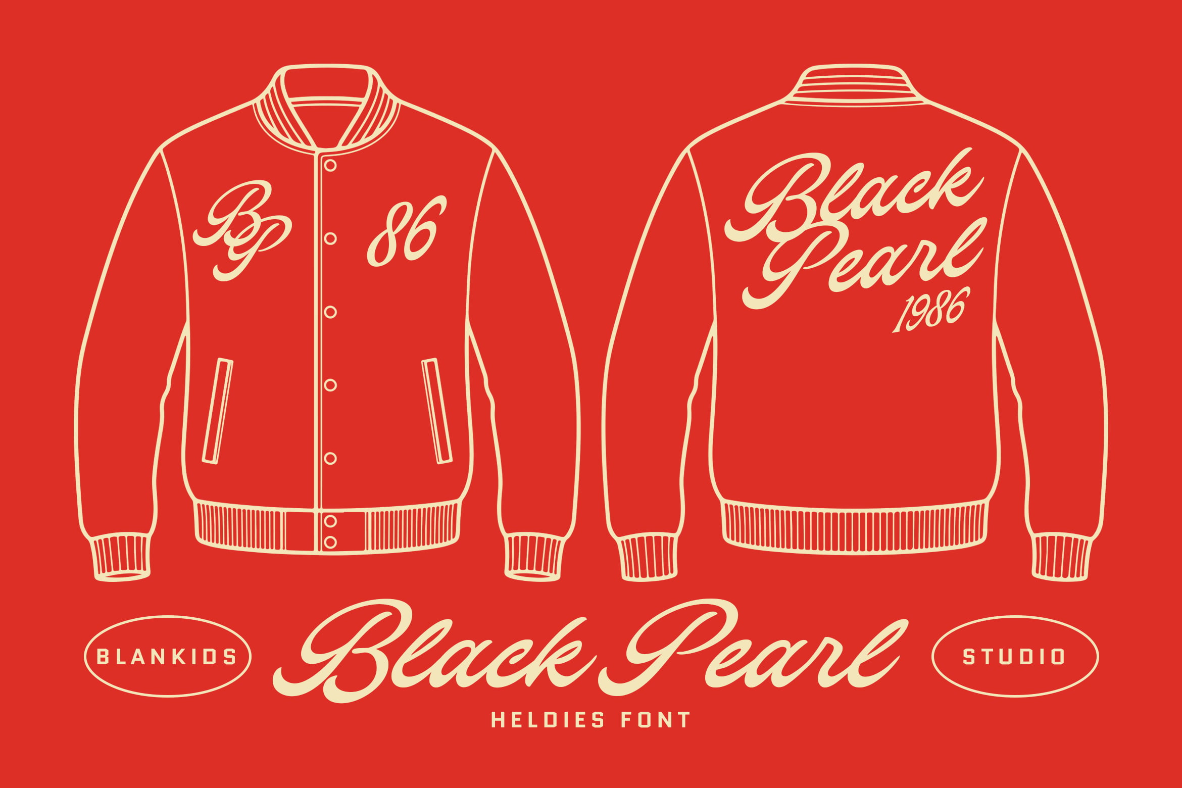 Varsity jacket mockup with front plus back view showing cream embroidery on bold red