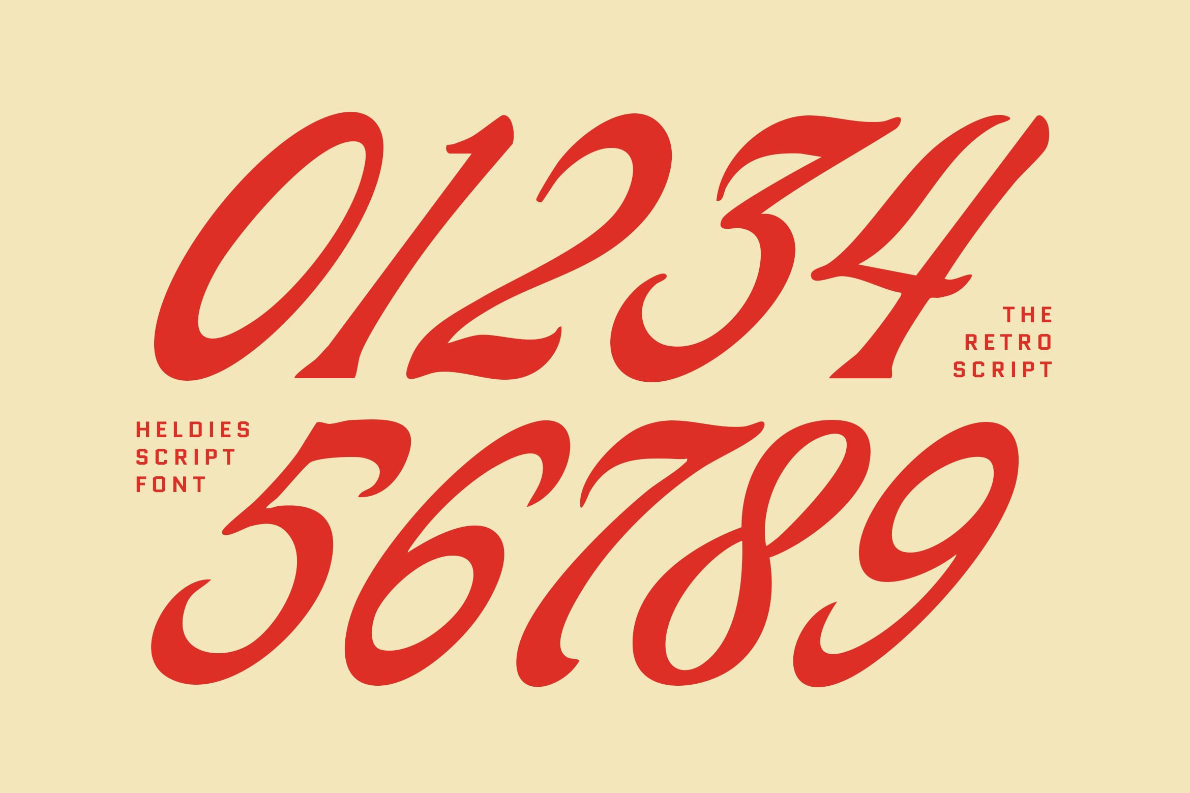 Heldies Script Font in bold red numbers on cream background showing retro style