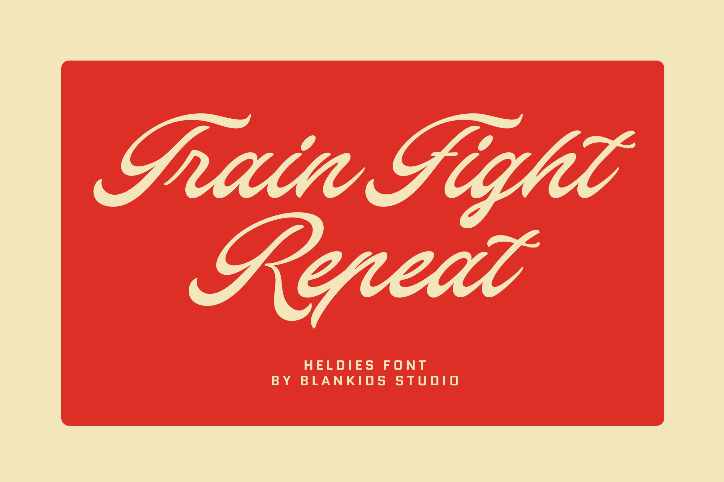 Heldies Font display showing elegant cream script lettering on bright red background by Blankids Studio