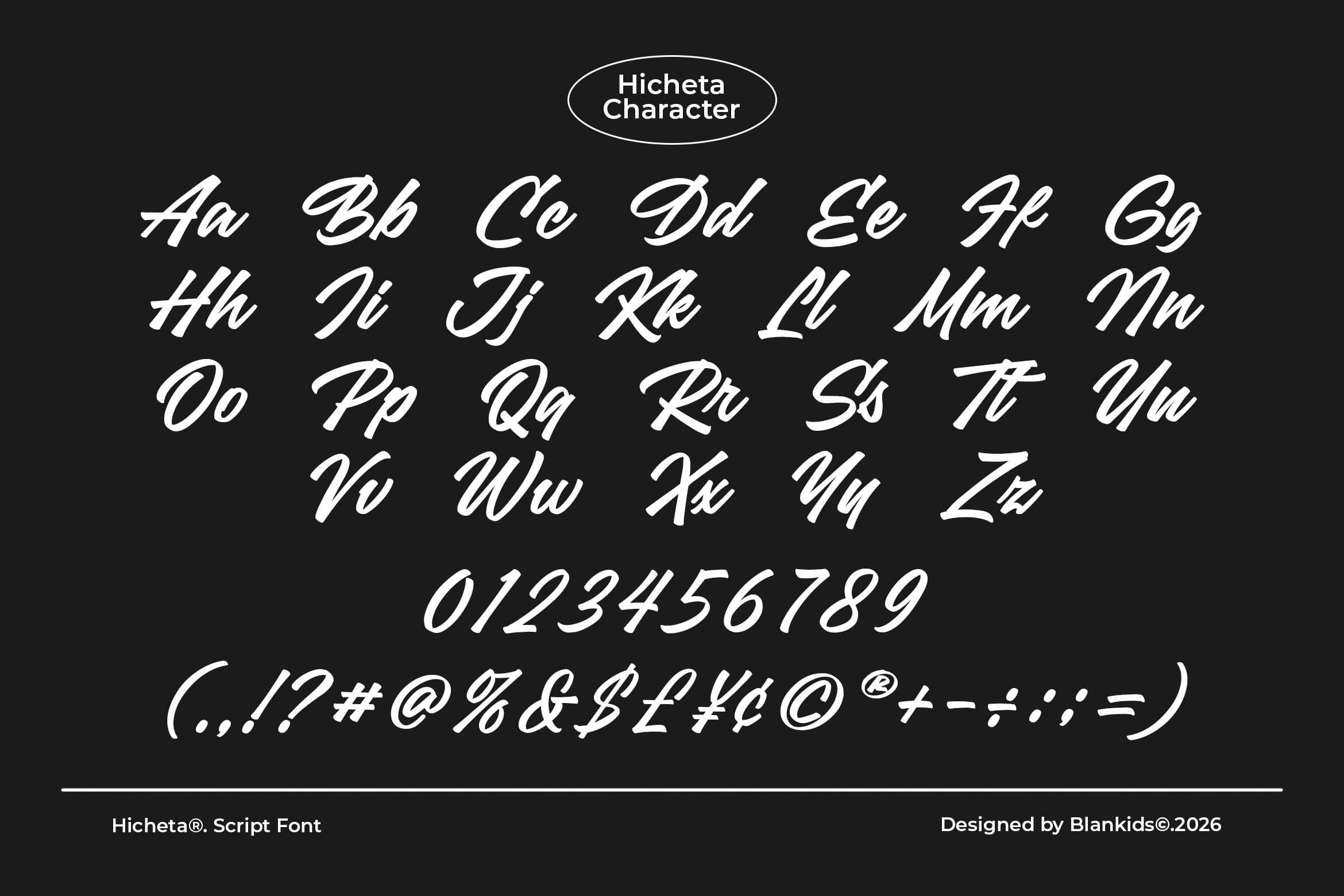 Hicheta script font full character set with uppercase, lowercase, numbers, symbols