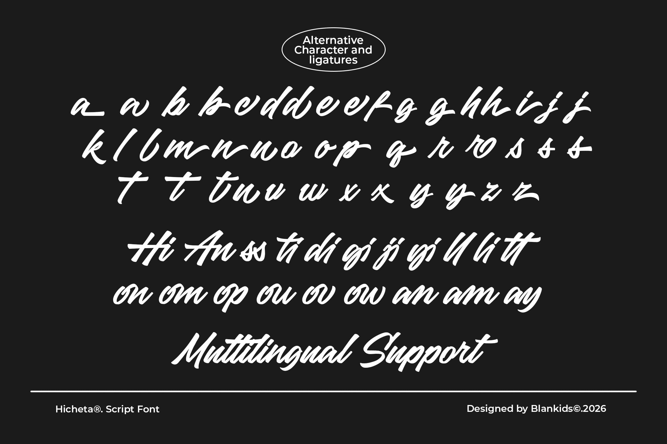 Hicheta script font showing alternate characters, ligatures, multilingual support on black