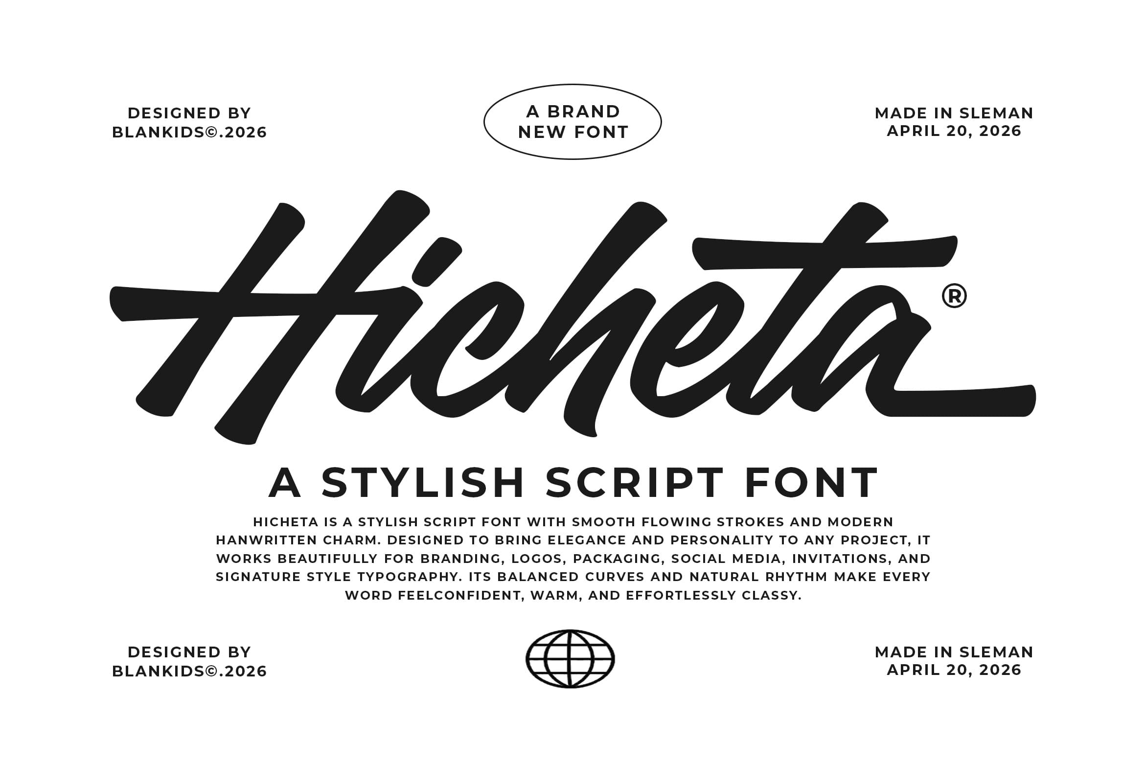 Hicheta script font display with flowing italic letterforms in black on white background