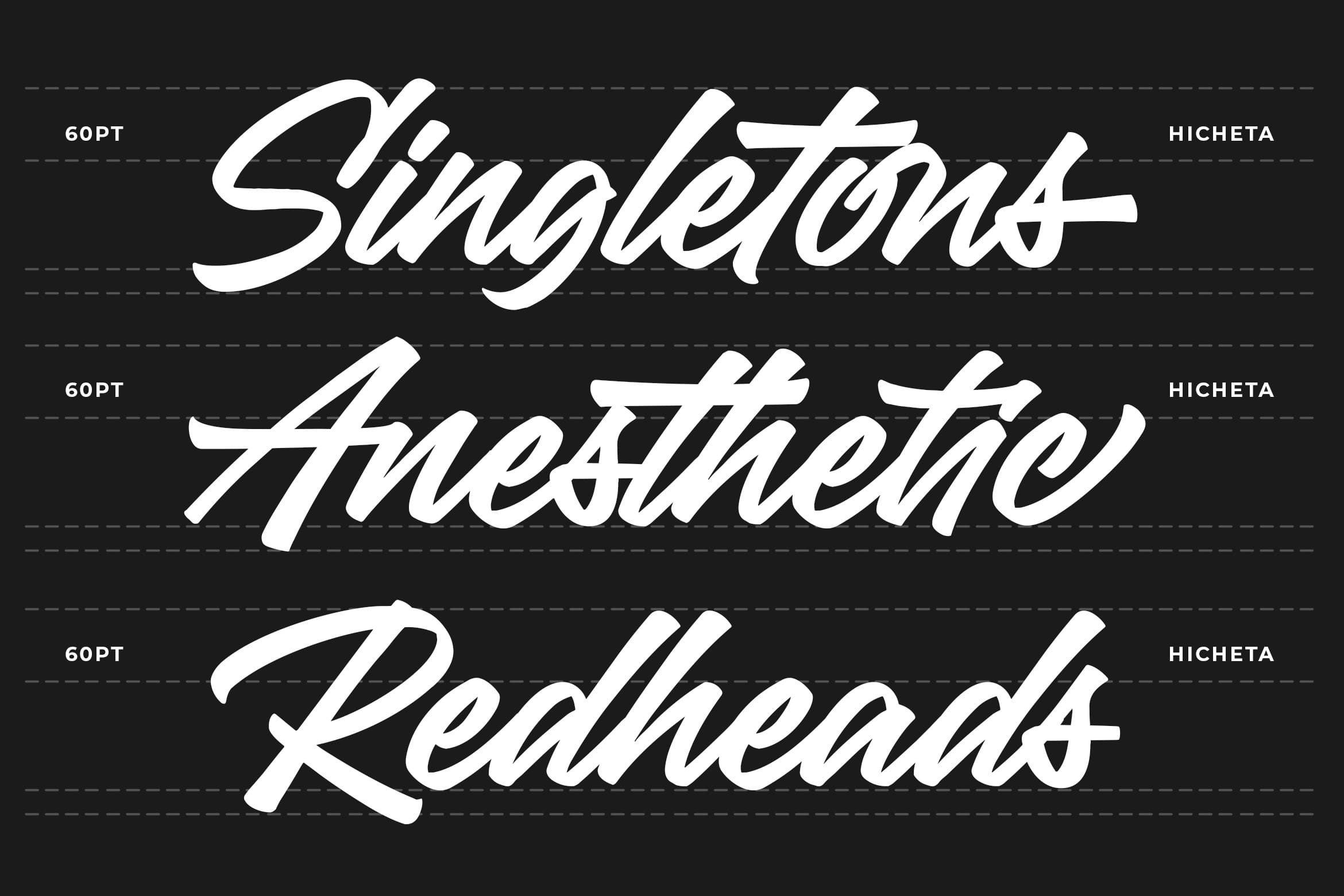 Singletons, Awestruck, Redheads script font samples with baseline guides on dark background
