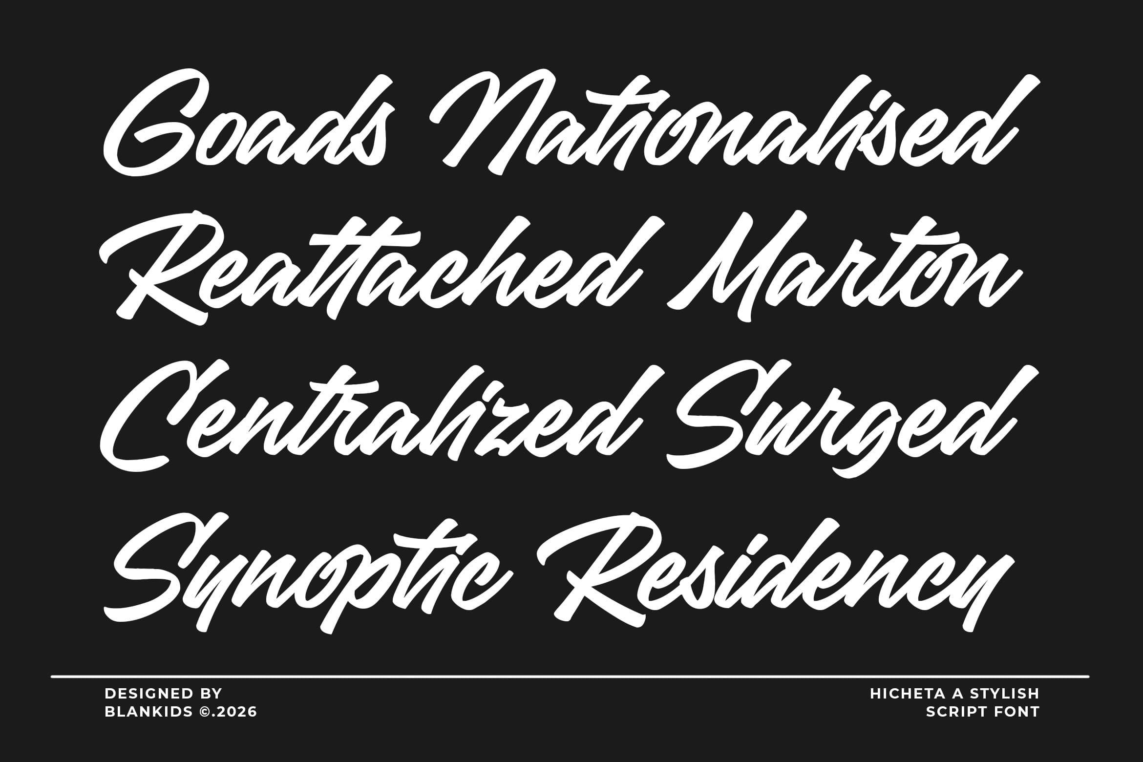 Elegant white script font displaying four sample lines on black background, designer credit shown at bottom