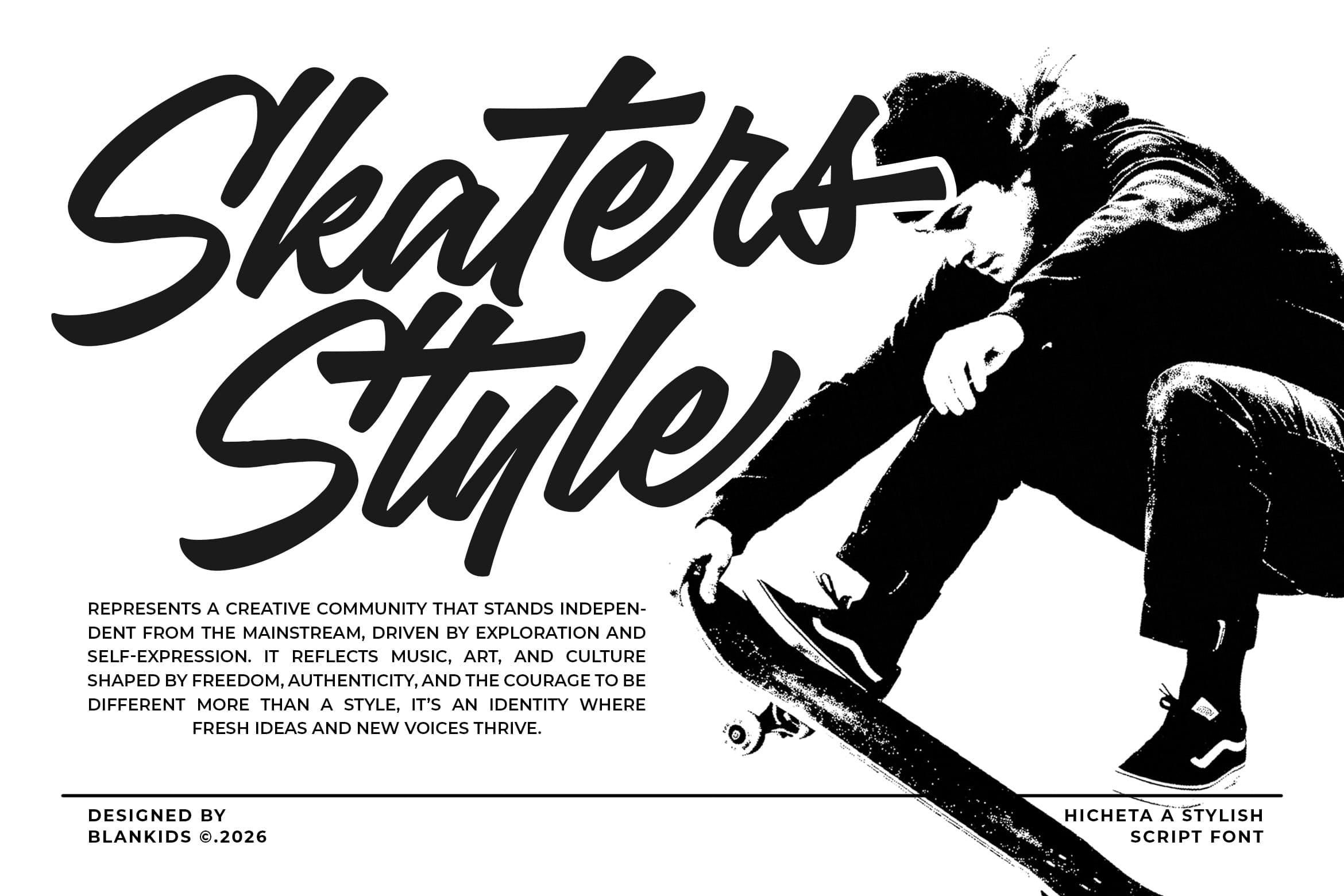 Sketchy Style italic script font with skateboarder graphic in black ink illustration
