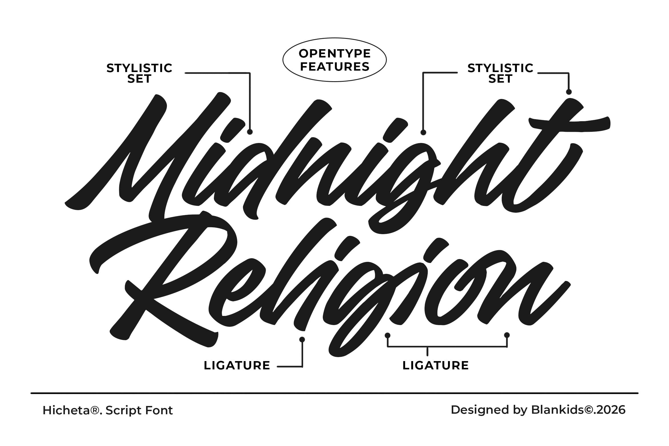 Hicheta script font with stylistic alternates, ligatures, OpenType features labeled on flowing italic letterforms