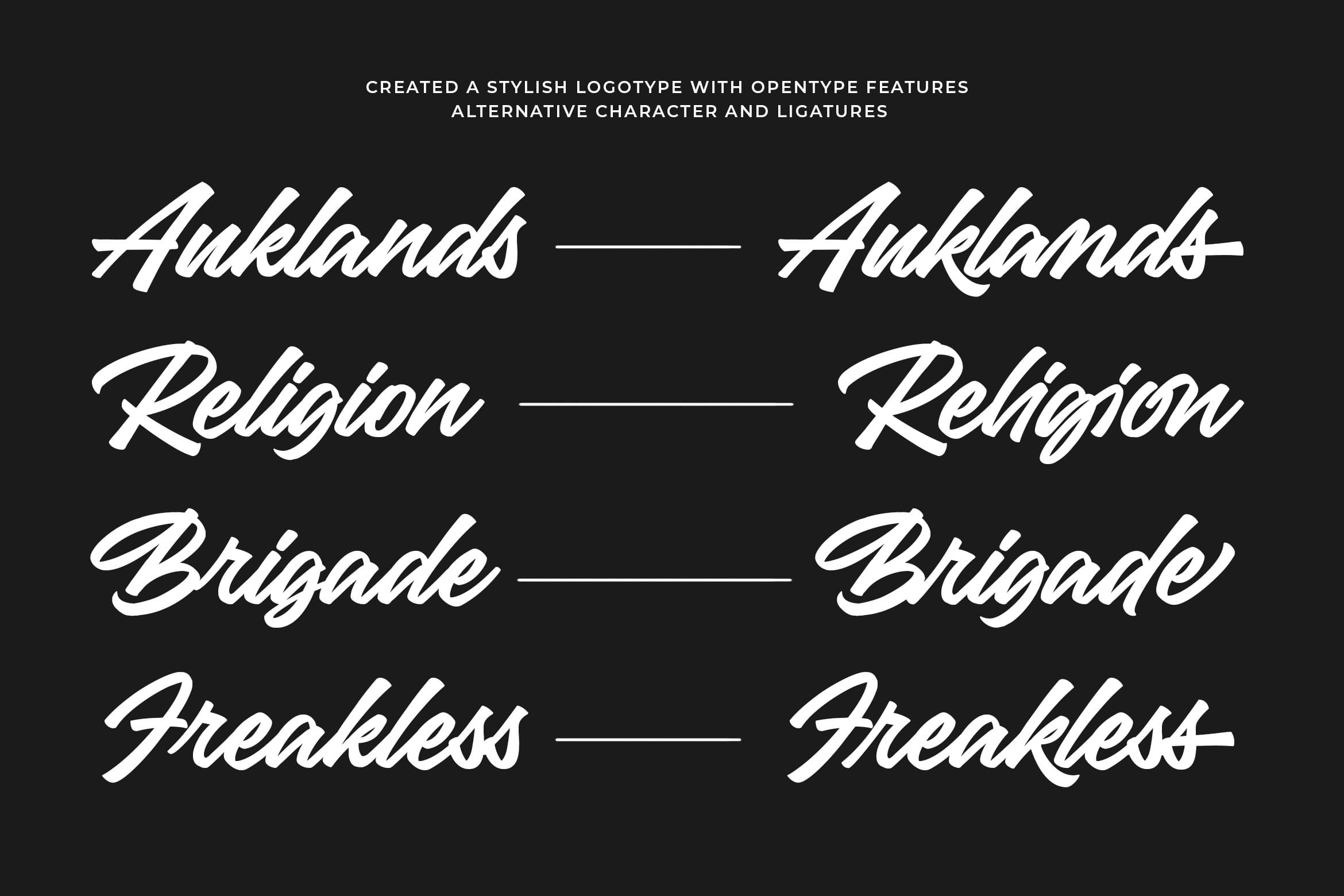 Stylish script font showing alternate characters with swash ligatures on dark background