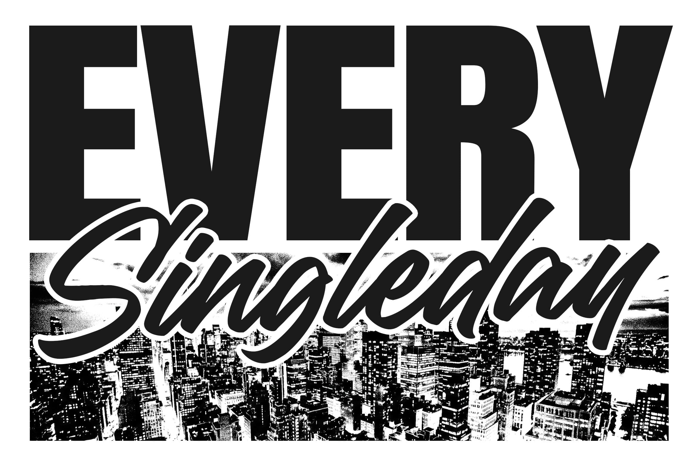 Retro bold typography over gritty cityscape photo, black on white design