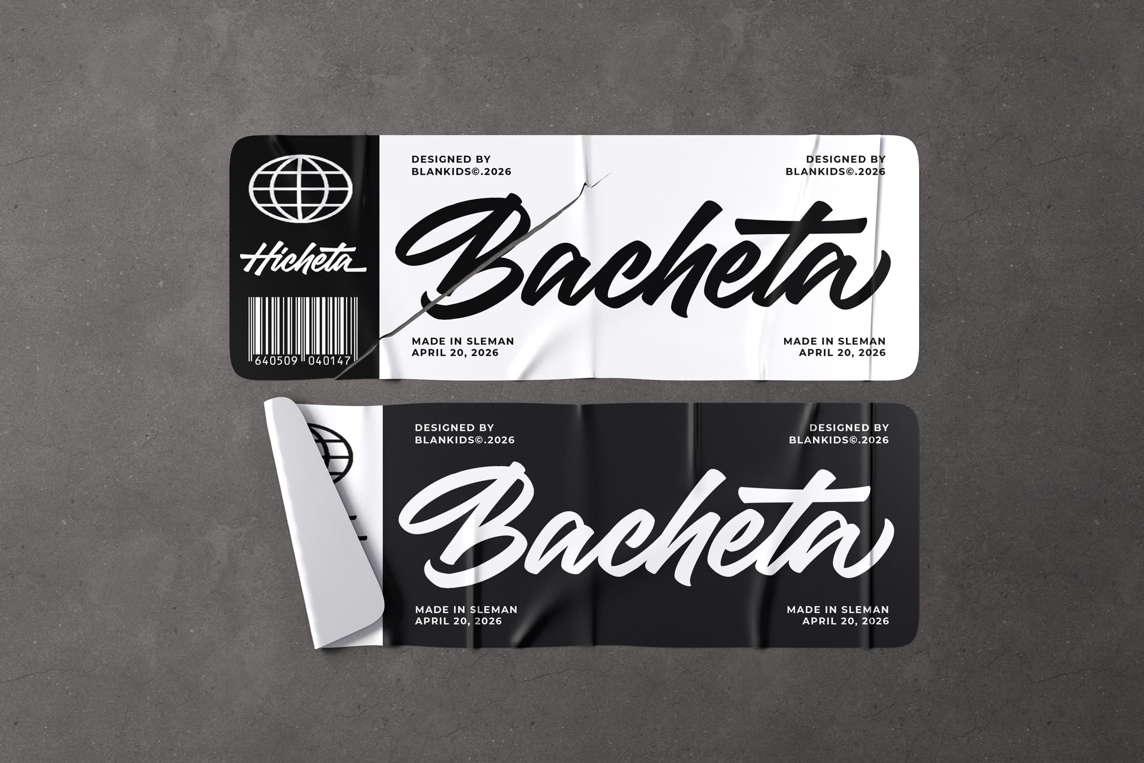 Product label mockup with Bacheta branding in black, white, plus barcode on concrete background