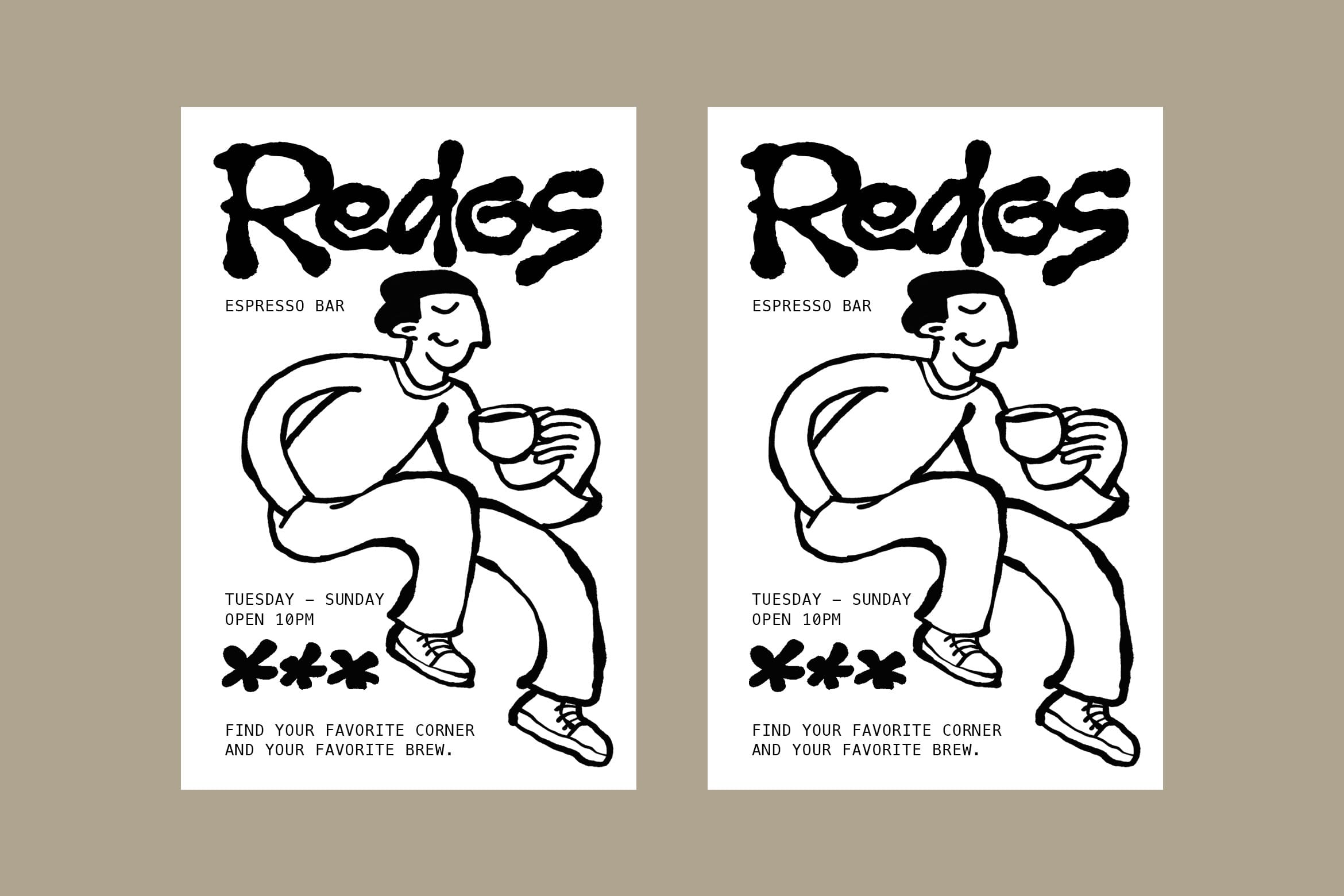 Redigs espresso bar poster mockup with funky line art character holding coffee cup