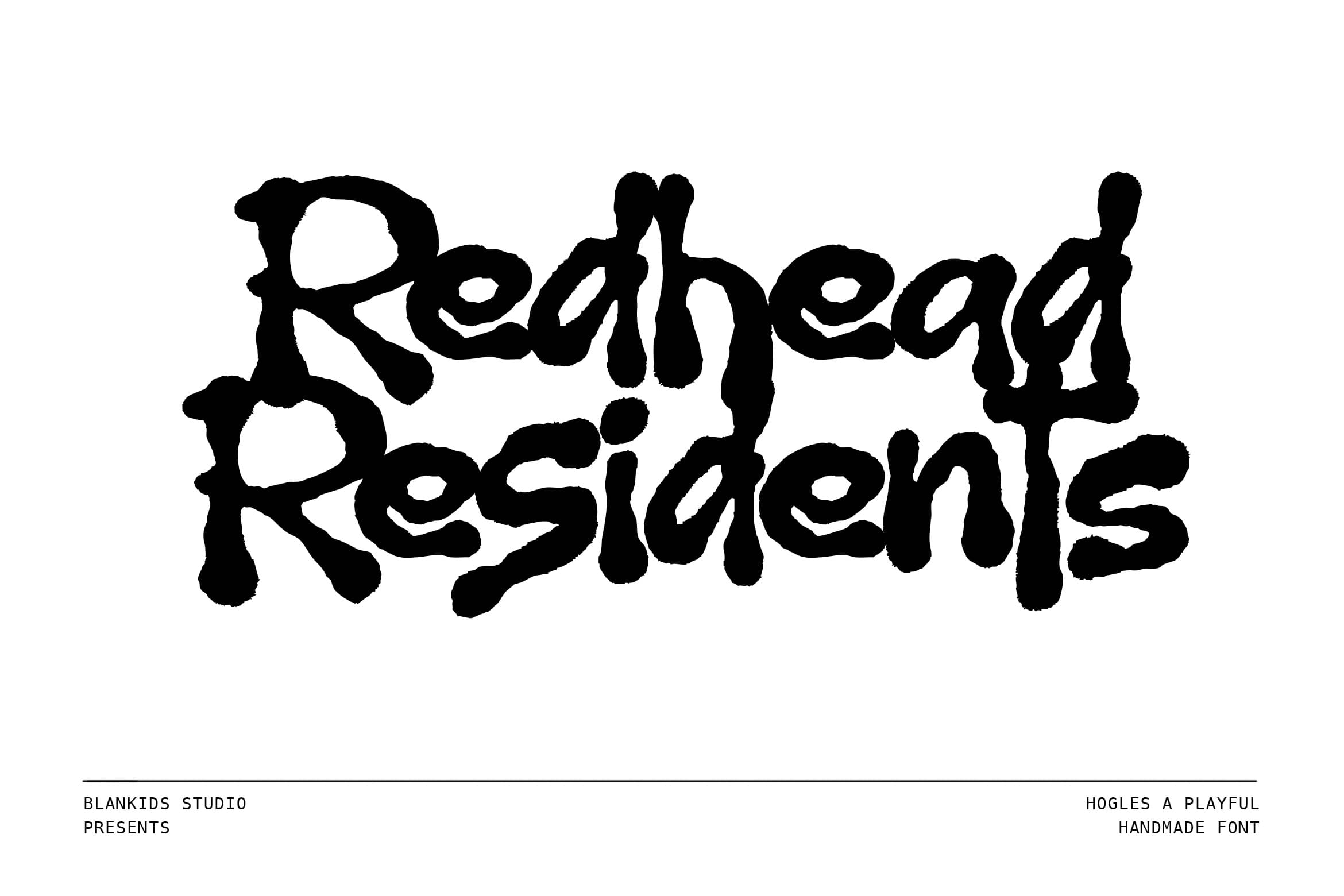 Redhead Residents organic handmade font with chunky distressed letterforms on white background