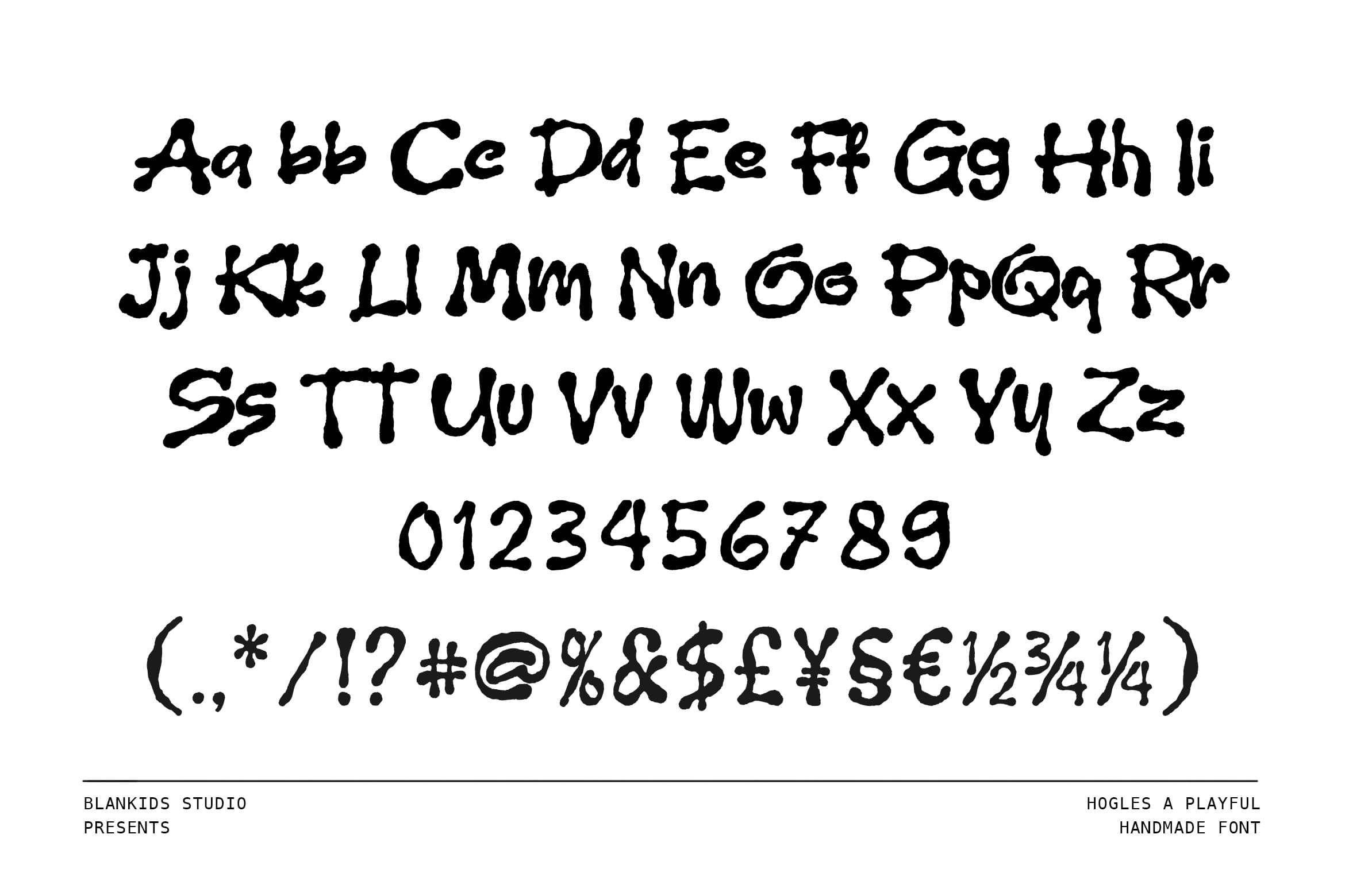 Hogles playful handmade font showing full alphabet, numbers, plus symbols in sketchy black strokes