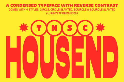 Bold condensed typeface with red letters on bright yellow, 4 styles included with circular details
