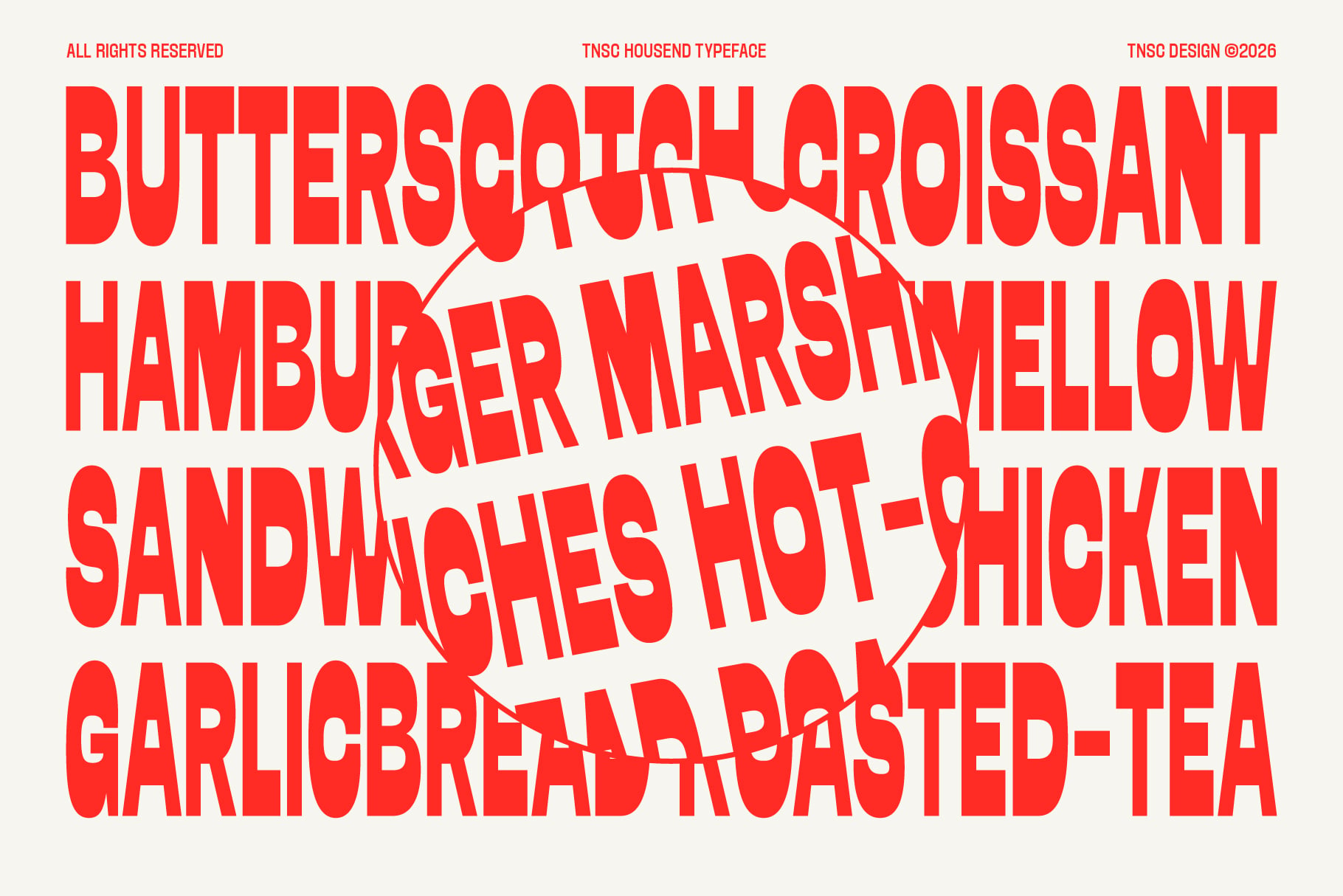 Bold red sans serif font displaying food menu items with circular stamp overlays