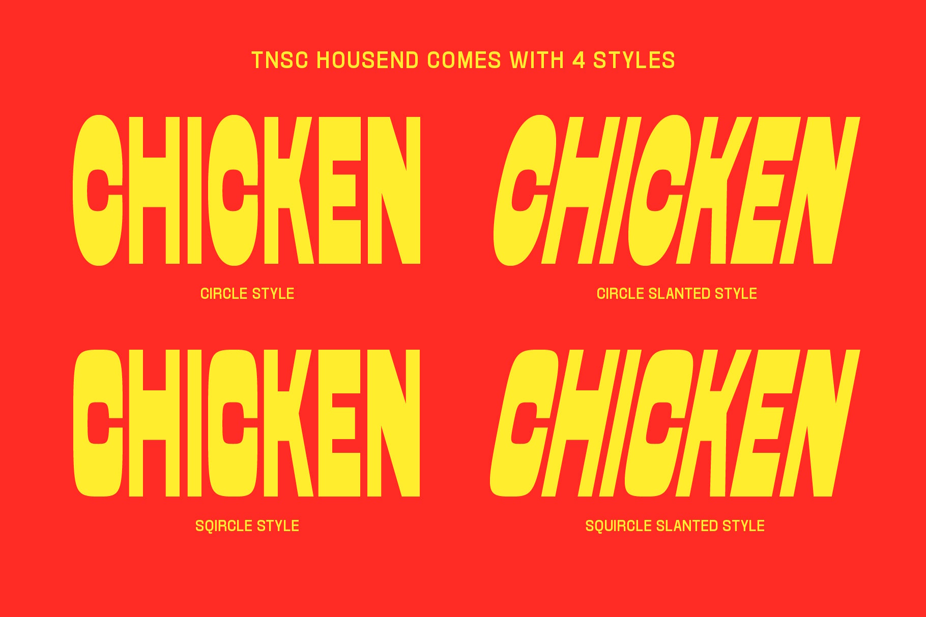 TNSC Housend font in four styles: circle, circle slanted, squircle, squircle slanted