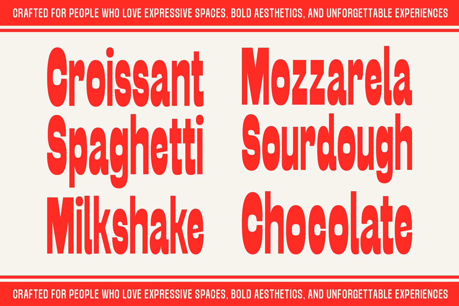 Bright red display font with six food words in chunky rounded letterforms on cream background