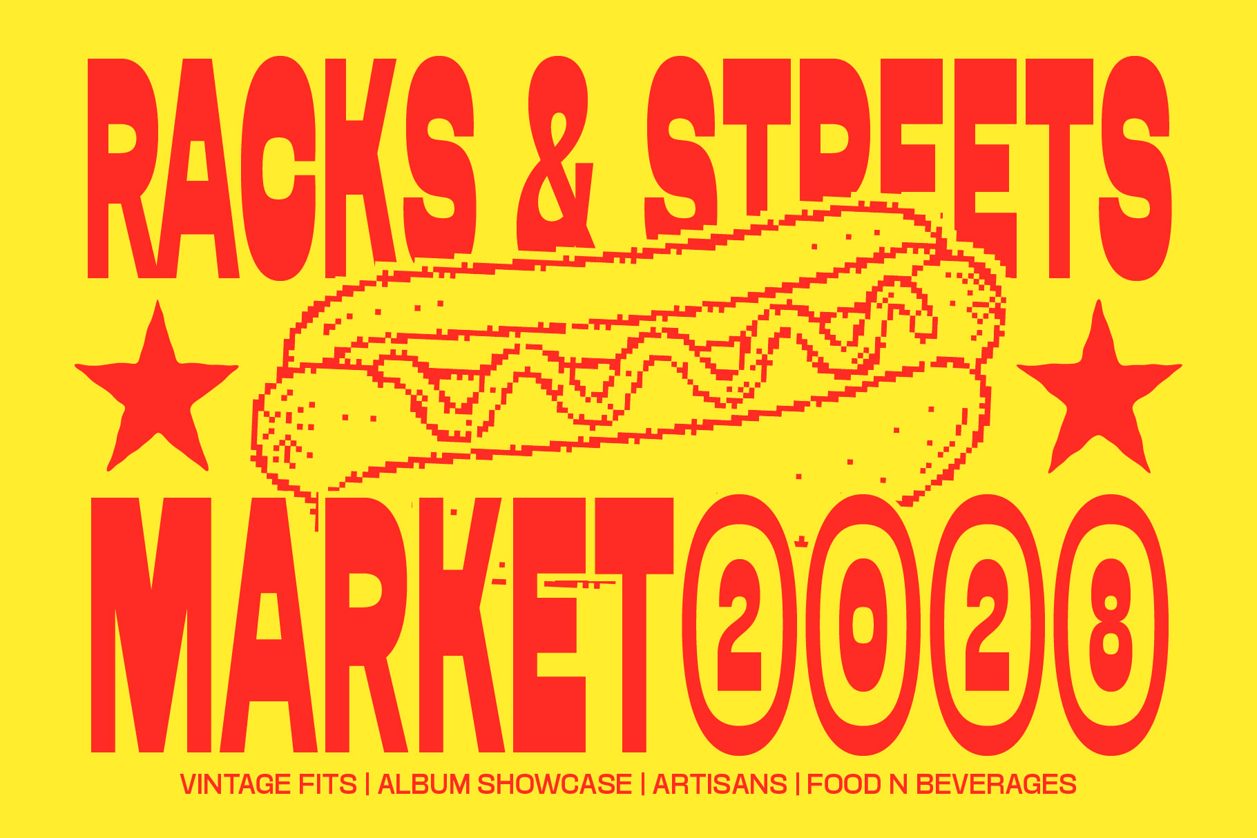 Bright retro poster with pixelated hot dog, bold red letters on yellow background, vintage market vibes